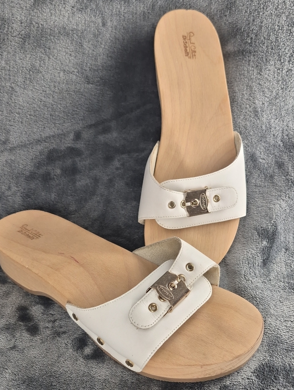 Dr Scholls Classic Original Collection Wooden Sandals WHITE LEATHER Size 10